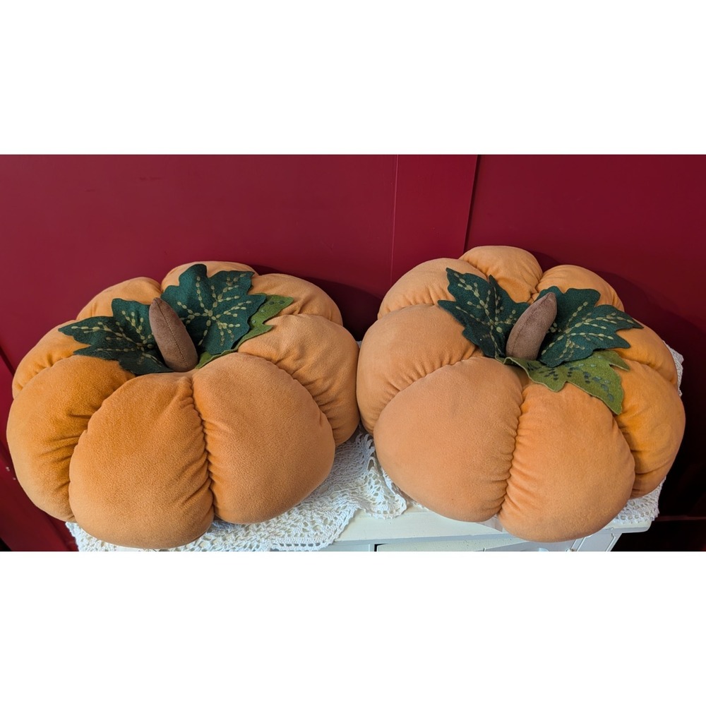Pier 1 One Plush Pumpkin Pillows Set 2 15"Fall Thanksgiving Halloween Farmhouse